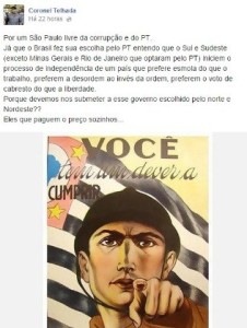 Reprodução da postagem do deputado eleito Coronel Telhada (PSDB) que gerou polêmica